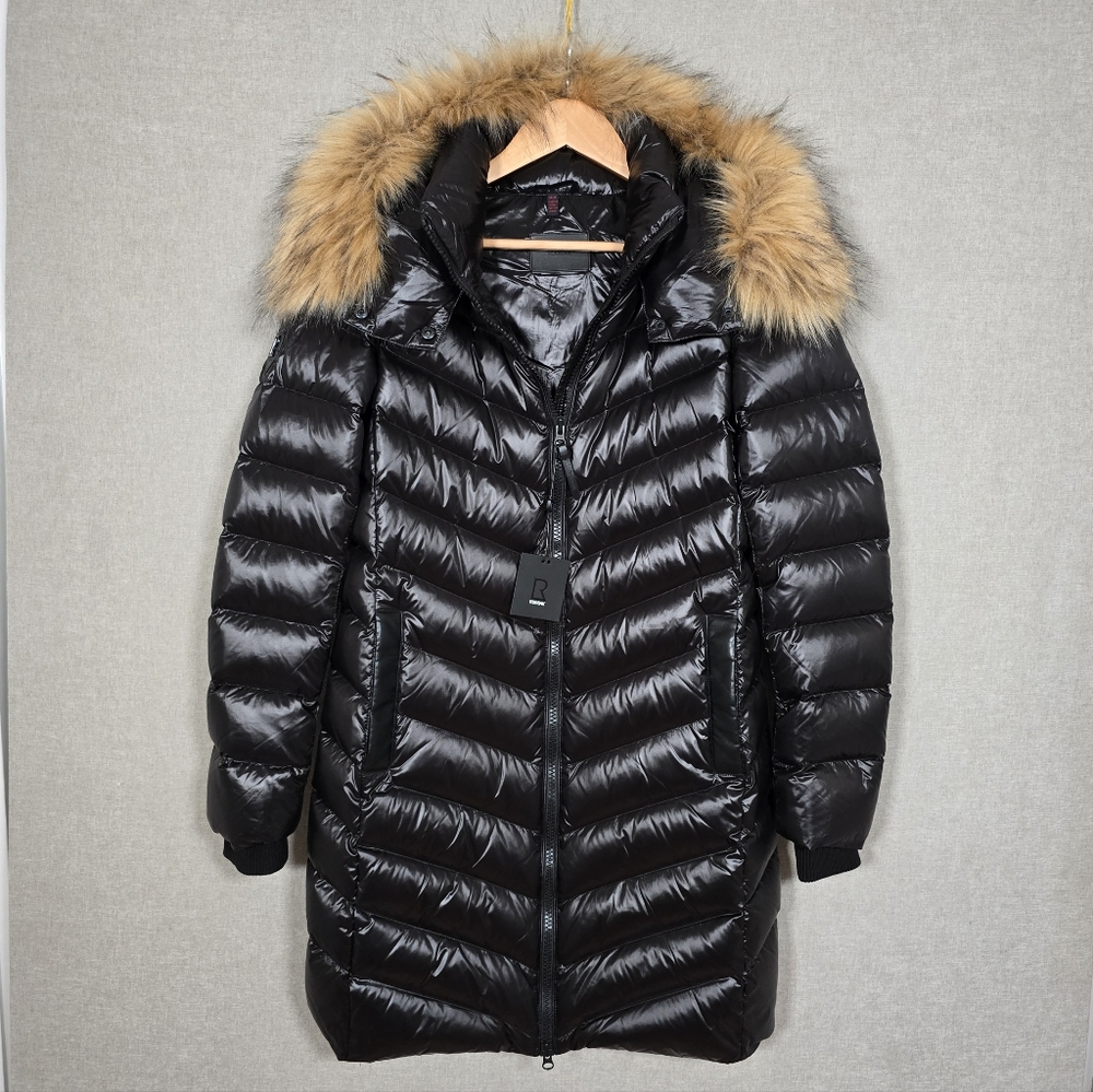 NWT Rudsak Women's Alessia Black Duck Down Puffer Parka Faux Fur Trim Hood M